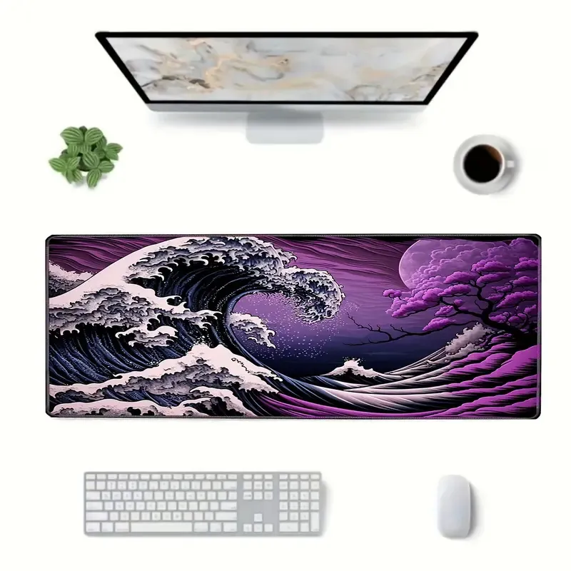 Great Wave Purple Extended Mouse Pad – Japanese Wave & Cherry Blossom Art (700mm x 300mm x 2mm)