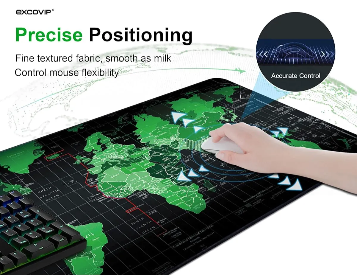 EXCOVIP World Map Large Gaming Mouse Pad – Green/Black Design (700mm x 300mm x 2mm) hover