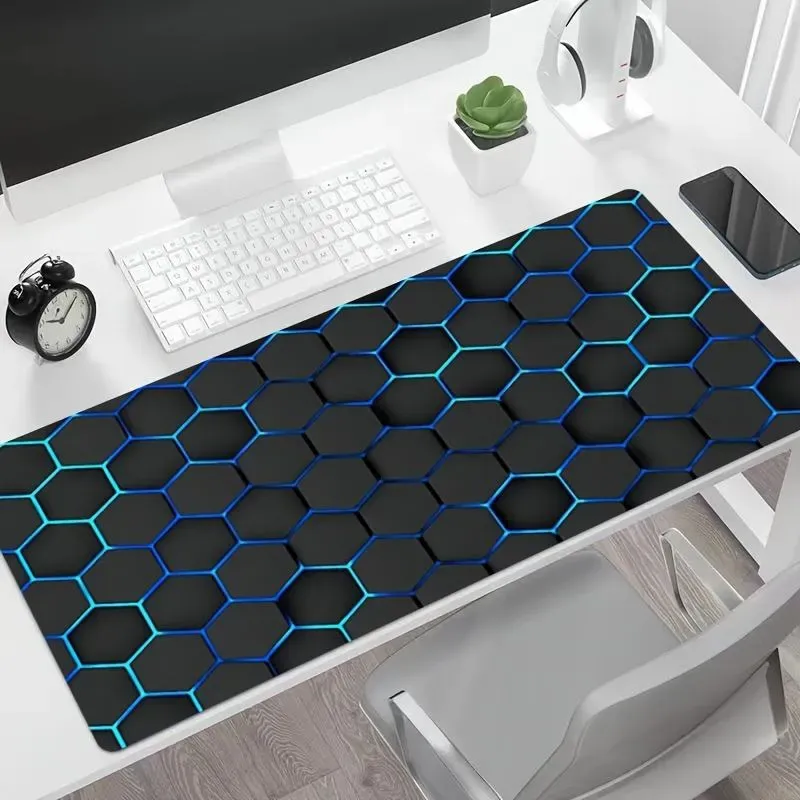 Blue Hexagon Pattern Large Gaming Mouse Pad Natural Rubber Non-Slip Rubber Mat With Locking Edge Mouse Pad for Office hover