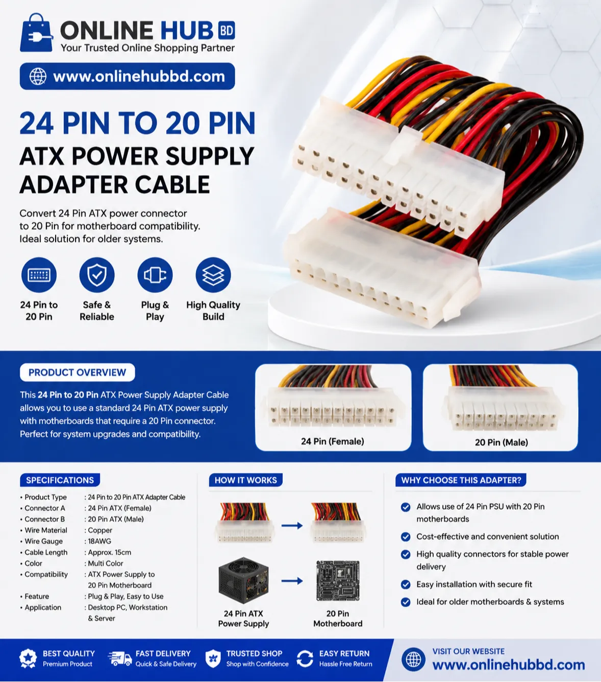 24 Pin to 20 Pin ATX Power Supply Adapter Cable – Motherboard Converter