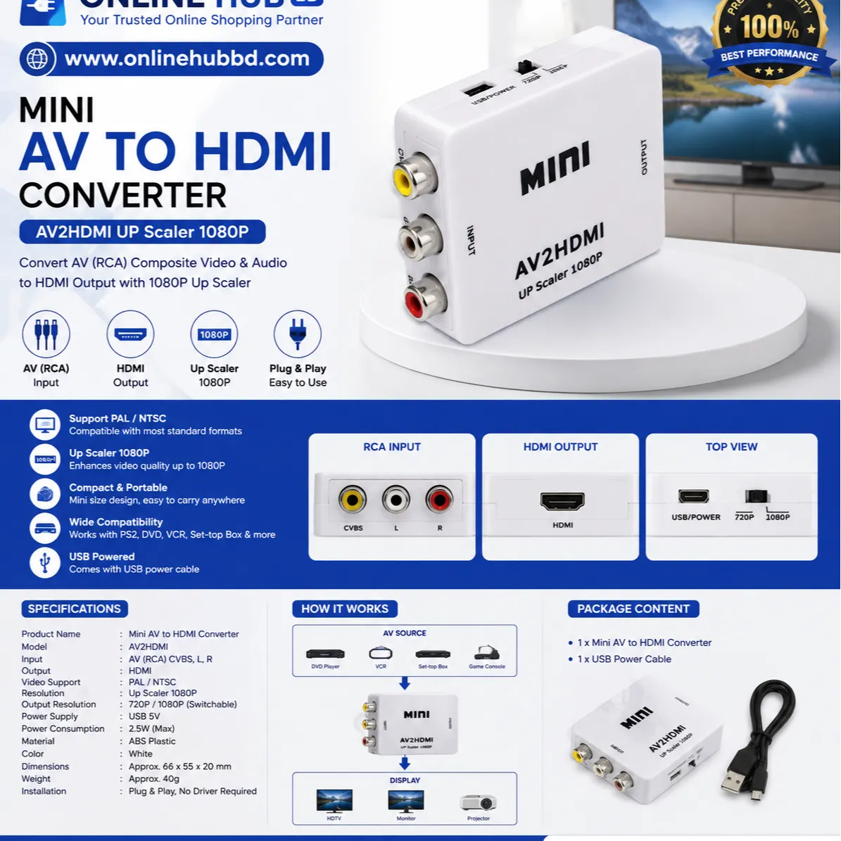 Mini AV to HDMI Converter – AV2HDMI 1080P Upscaler Video Converter