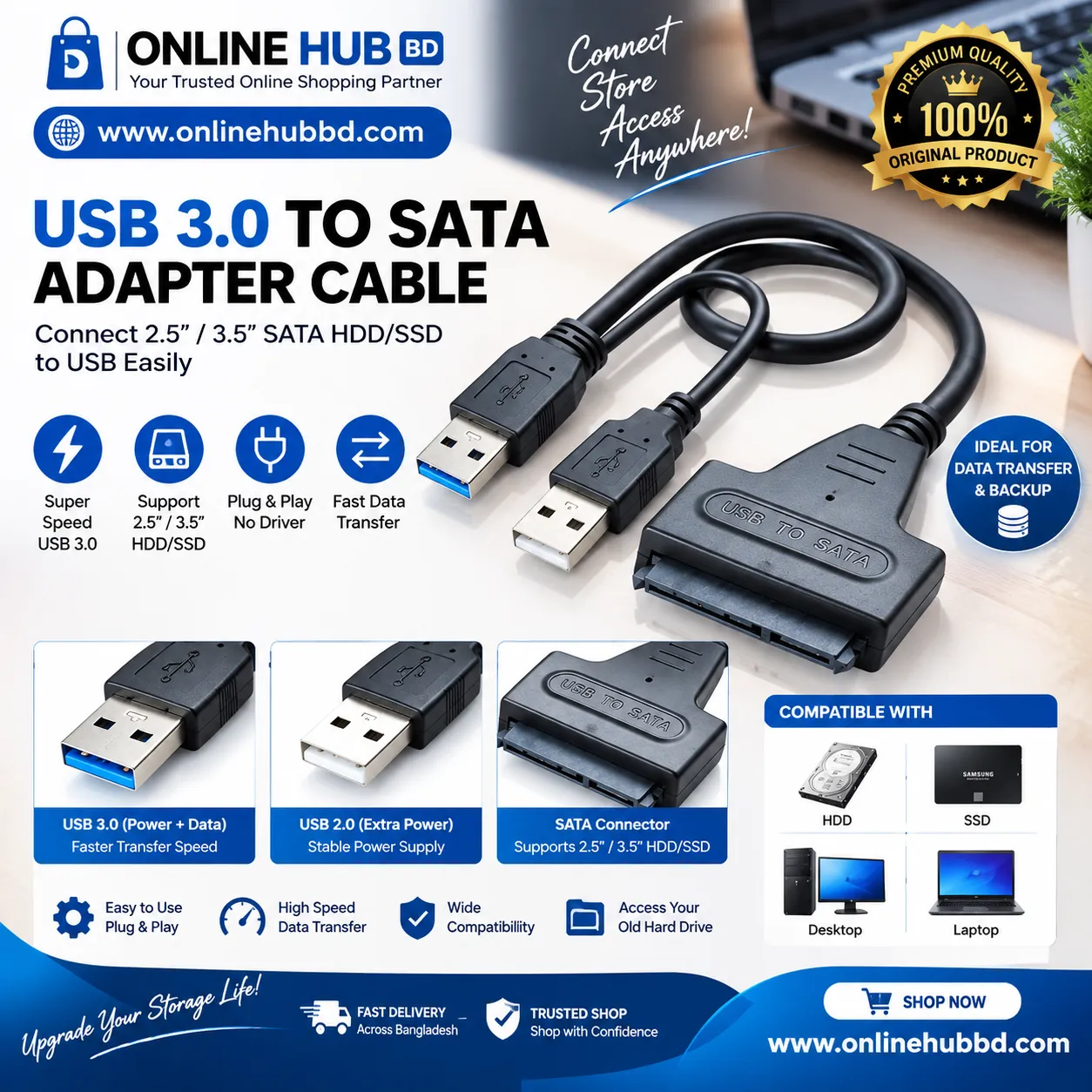USB 3.0 to SATA Adapter Cable – USB to SATA HDD/SSD Converter