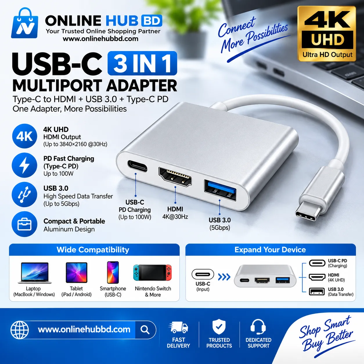 USB-C 3-in-1 Multiport Adapter – USB-C to HDMI 4K + USB 3.0 + USB-C PD Hub