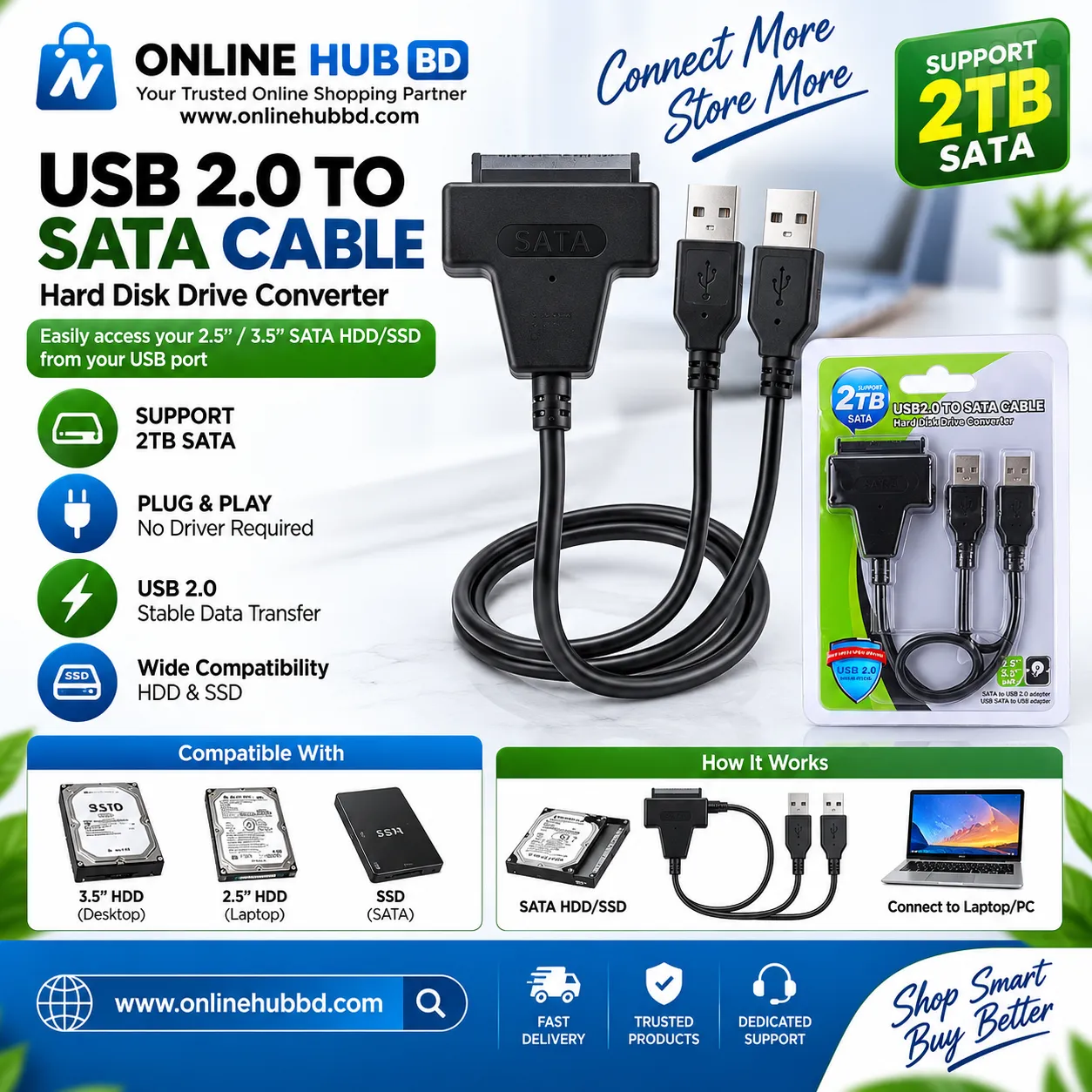 USB 2.0 to SATA Cable – SATA HDD/SSD to USB Adapter 2TB