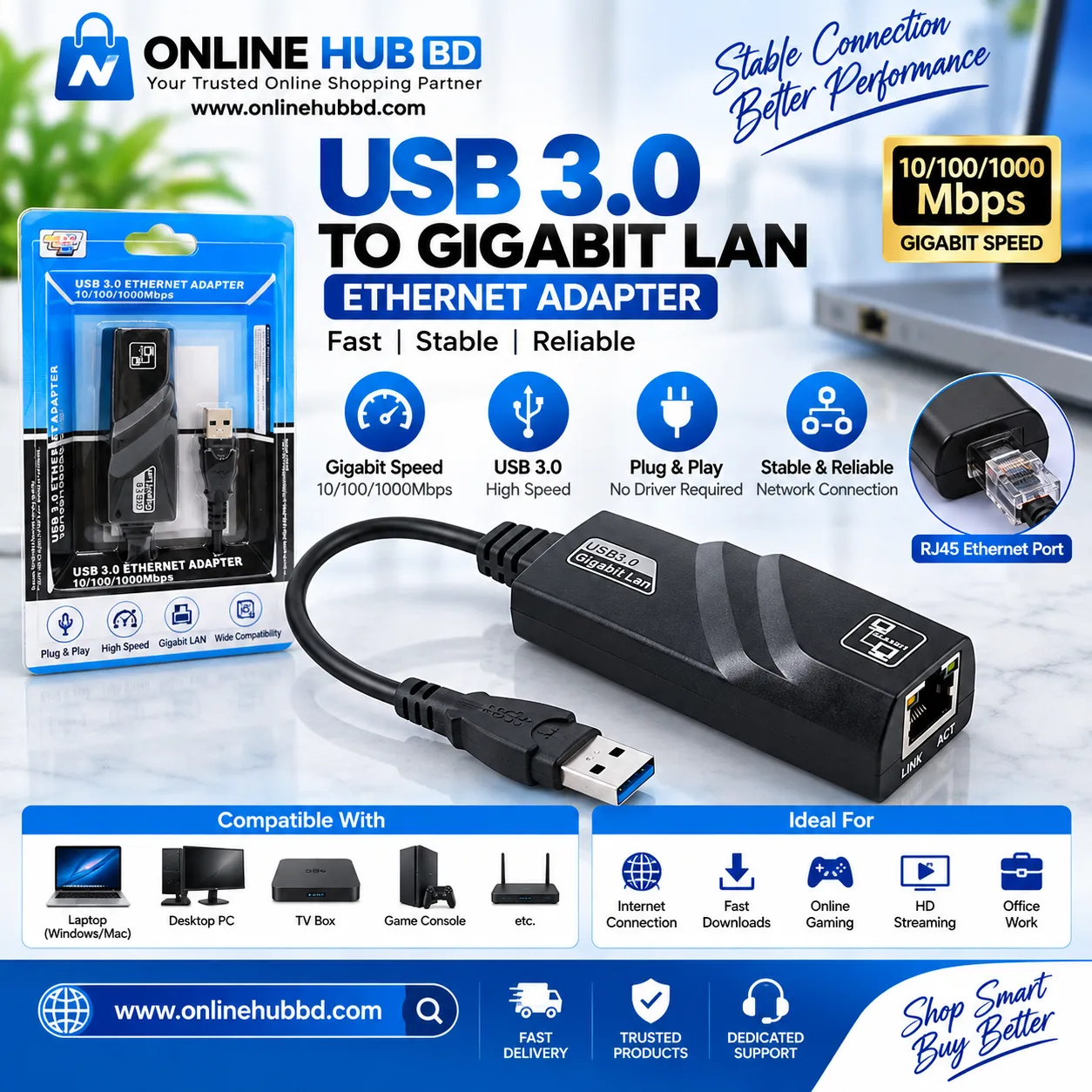 USB 3.0 to Gigabit LAN Ethernet Adapter 10/100/1000Mbps – USB to RJ45 Network Adapter