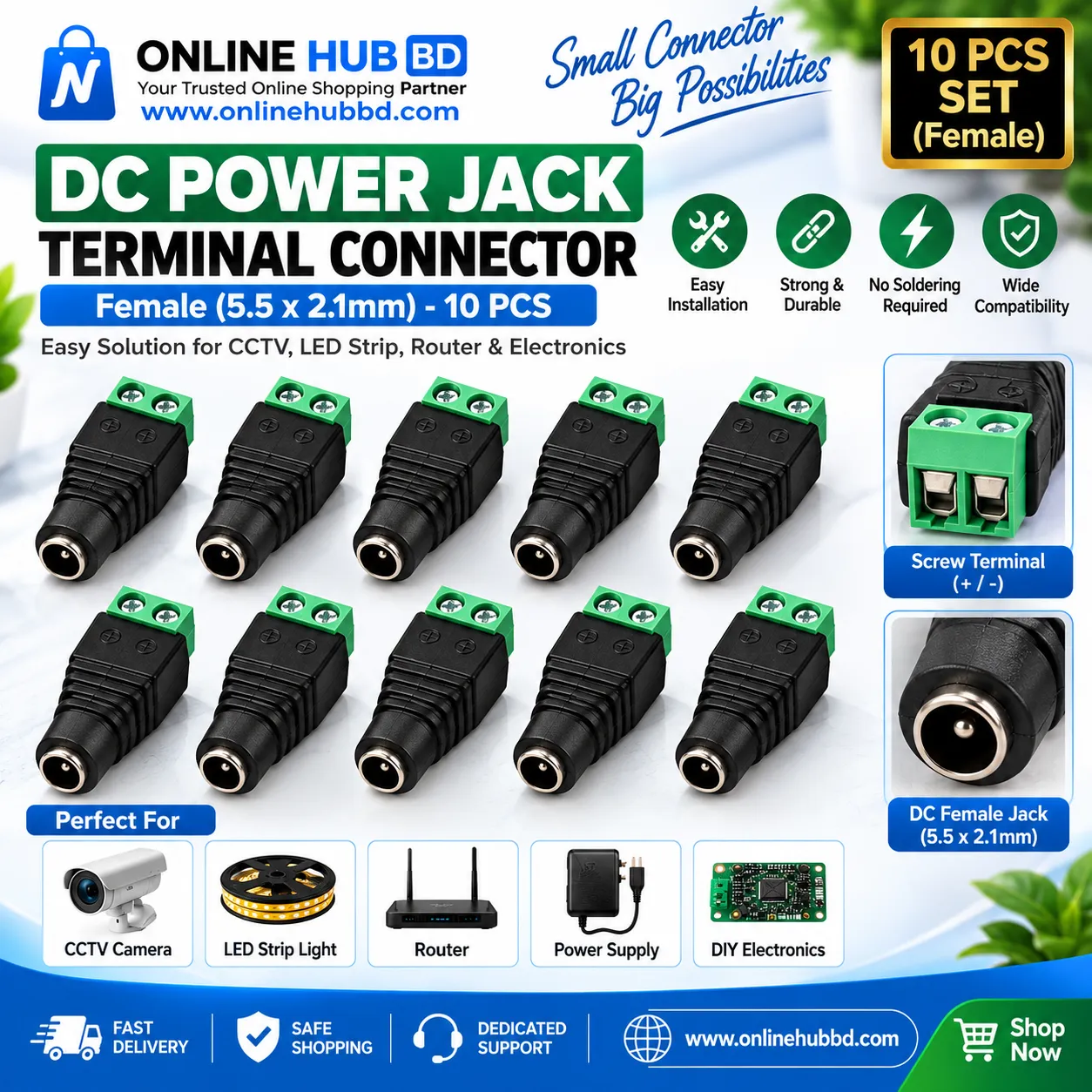 DC Power Jack Female Terminal Connector 5.5×2.1mm – 10 Pcs Screw Terminal Adapter Set