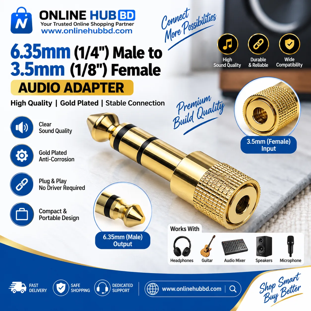 6.35mm (1/4") Male to 3.5mm (1/8") Female Audio Adapter – Gold Plated