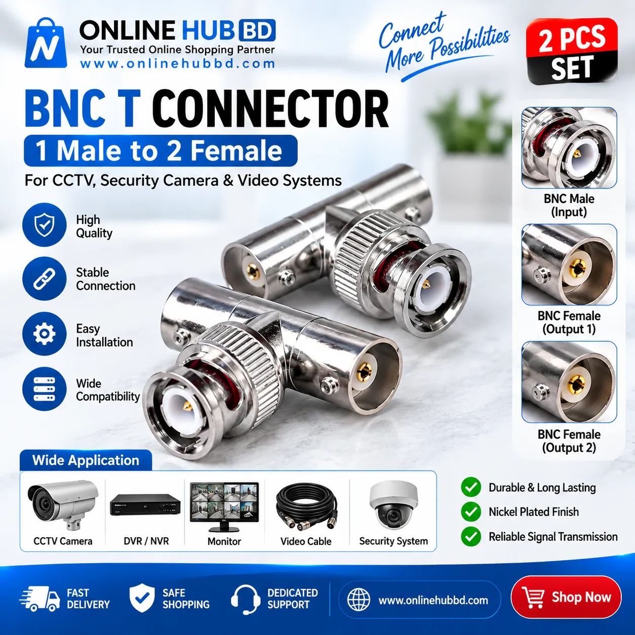 BNC T Connector 1 Male to 2 Female – CCTV Camera & Video Cable Adapter -2pcs