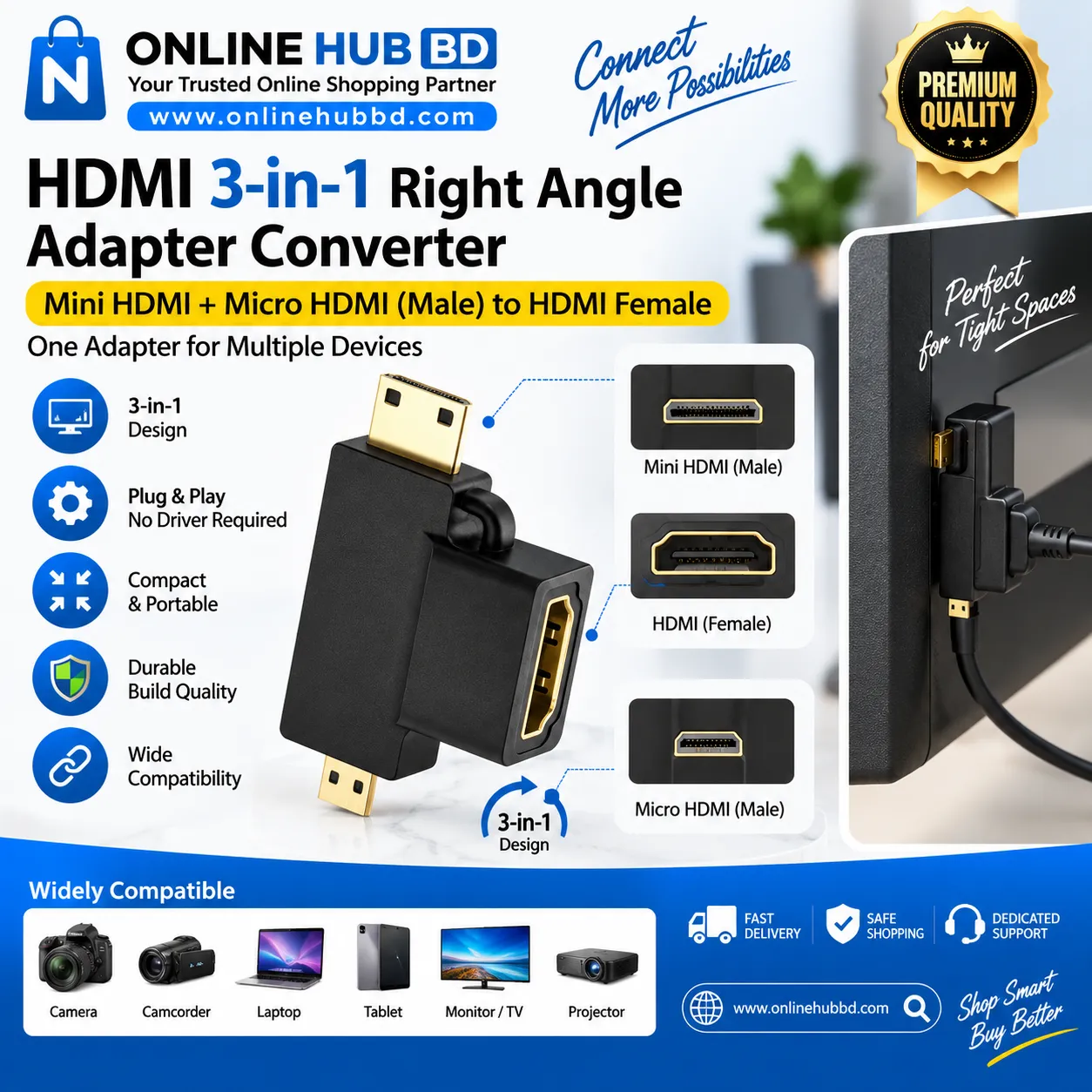 HDMI 3-in-1 Right Angle Adapter – Mini HDMI & Micro HDMI Male to HDMI Female