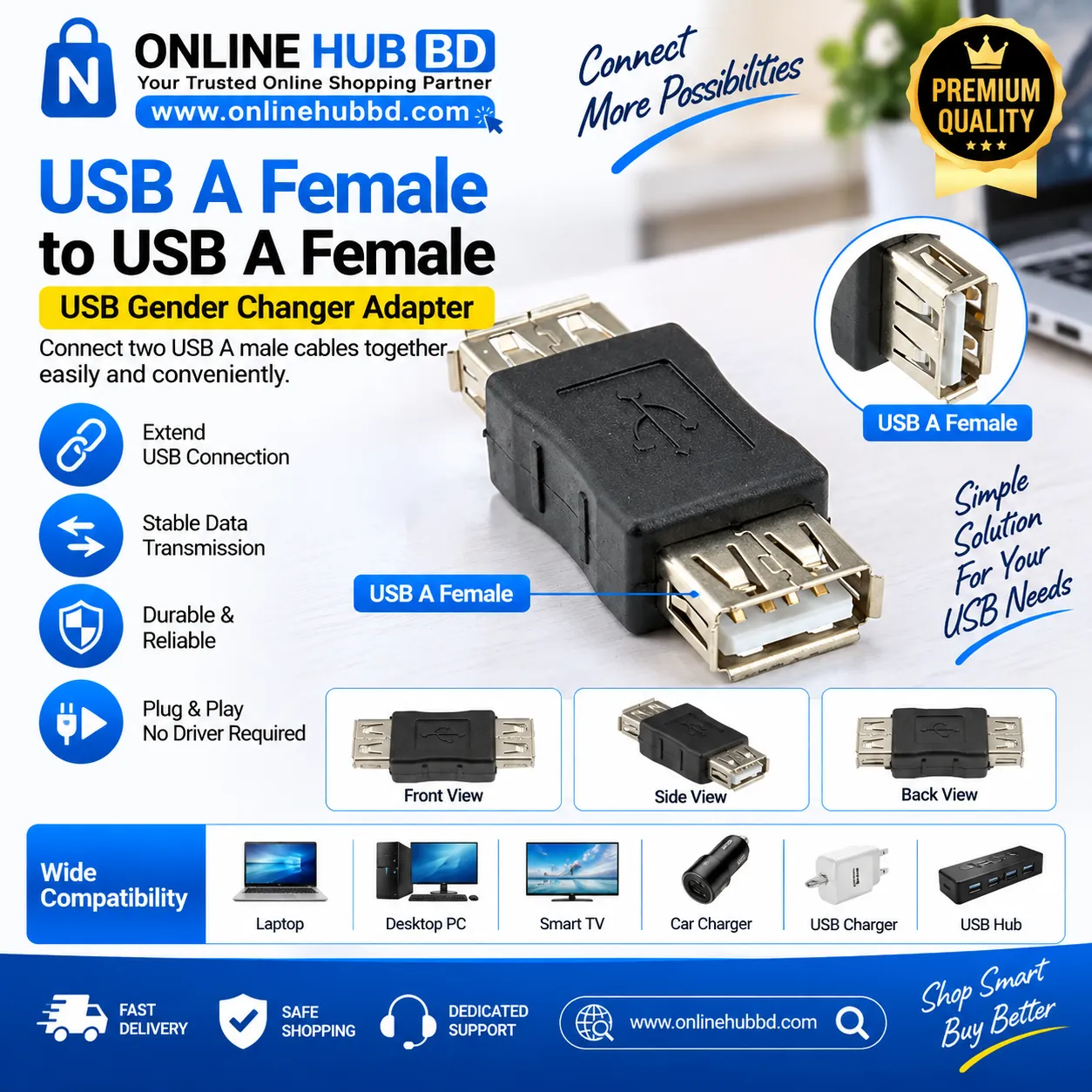 USB A Female to Female Adapter – USB 2.0 Gender Changer Coupler