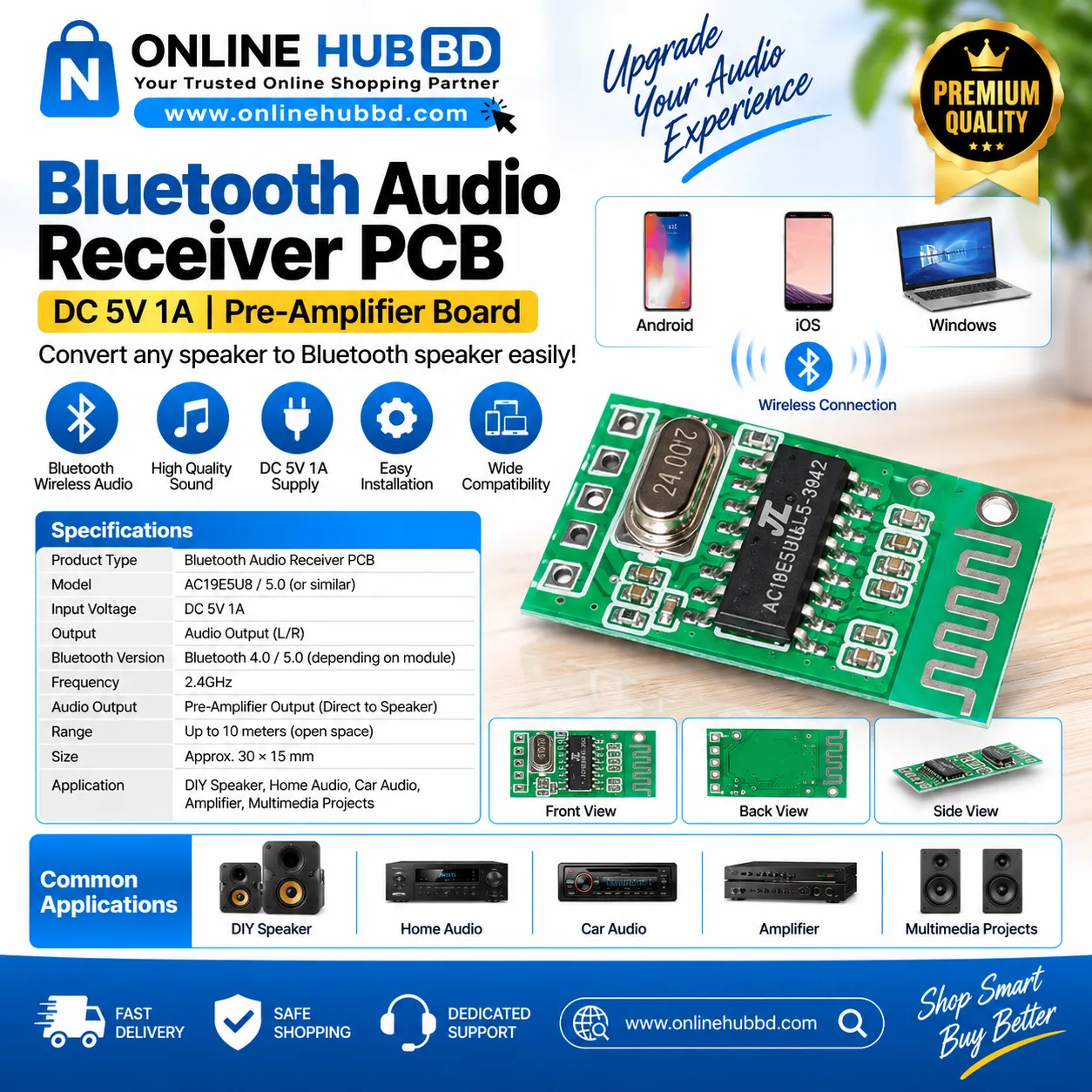 Bluetooth Audio Receiver PCB 5V 1A – Wireless Audio Pre-Amplifier Board