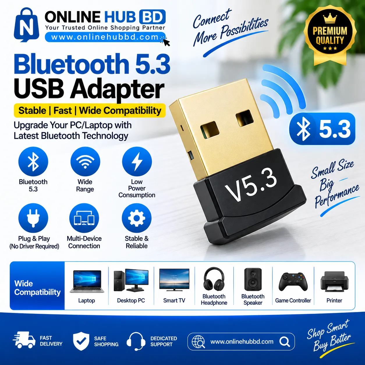 Bluetooth 5.3 USB Adapter Dongle – Wireless Bluetooth Receiver for PC & Laptop