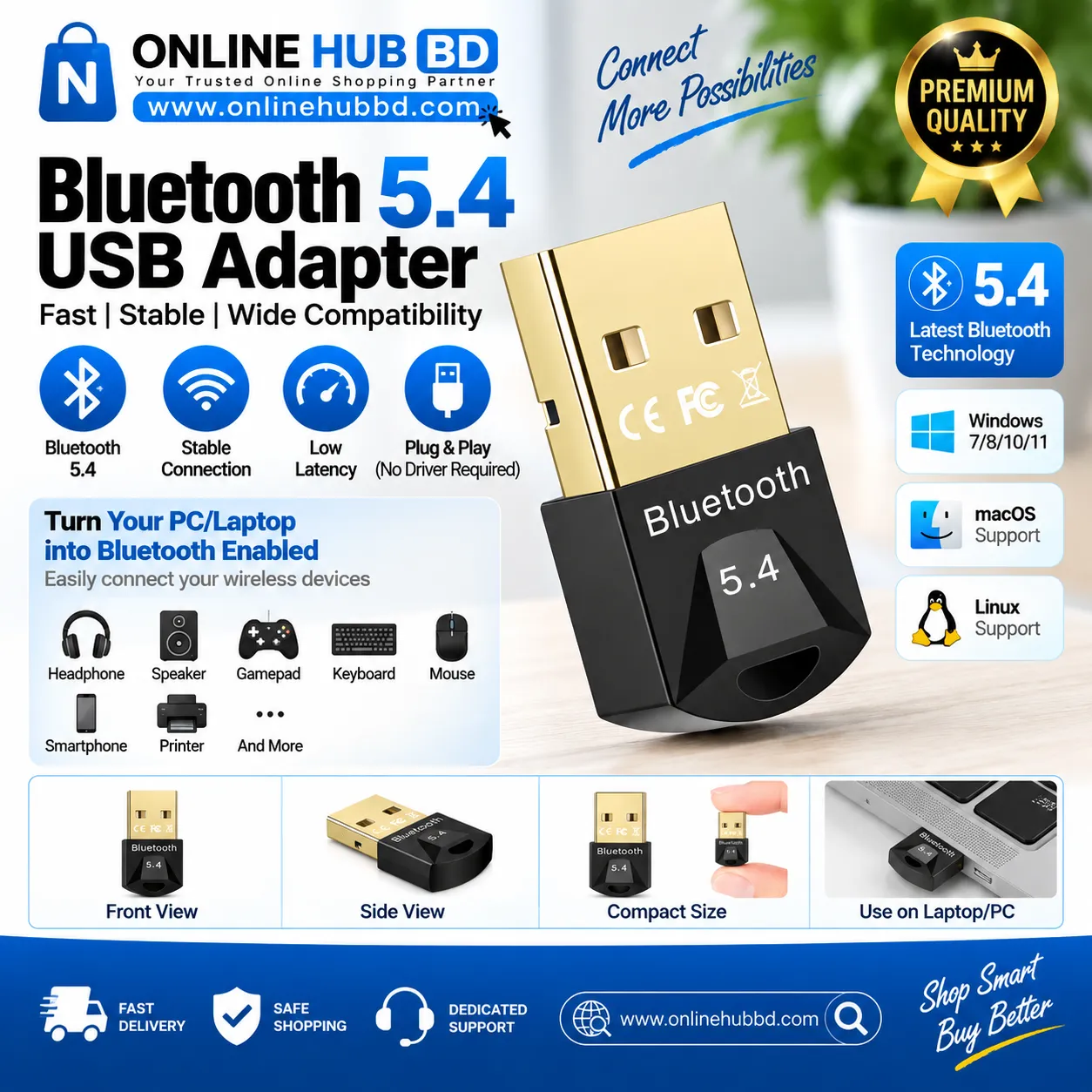 Bluetooth 5.4 USB Adapter Dongle – Wireless Bluetooth Receiver for PC & Laptop