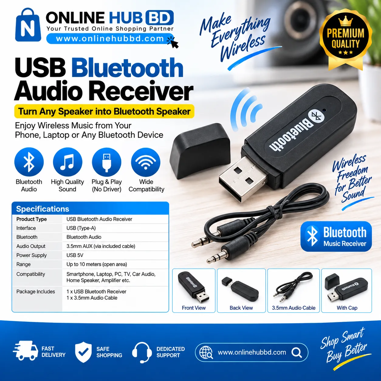 USB Bluetooth Audio Receiver – Wireless Music Receiver with 3.5mm AUX Cable