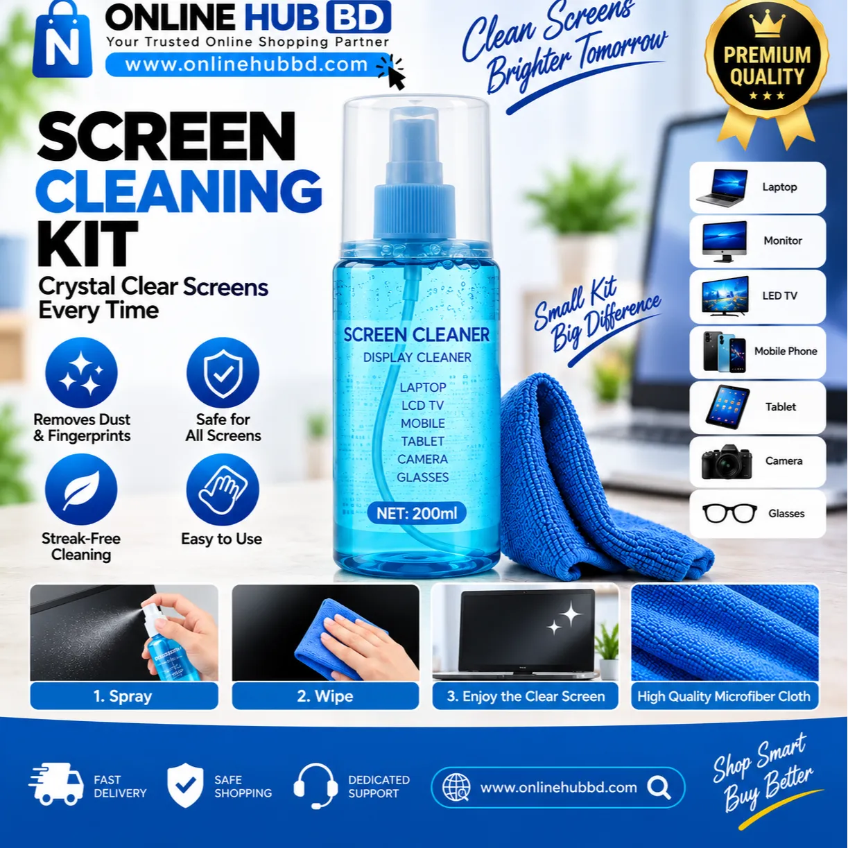 Screen Cleaning Kit 200ml – LCD LED TV Laptop Mobile Monitor Cleaner with Microfiber Cloth