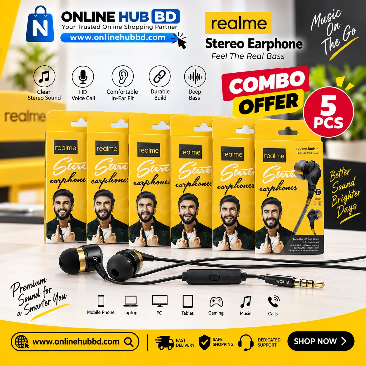 Realme Stereo Earphone 5 PCS Combo Pack – Wired In-Ear Earphones