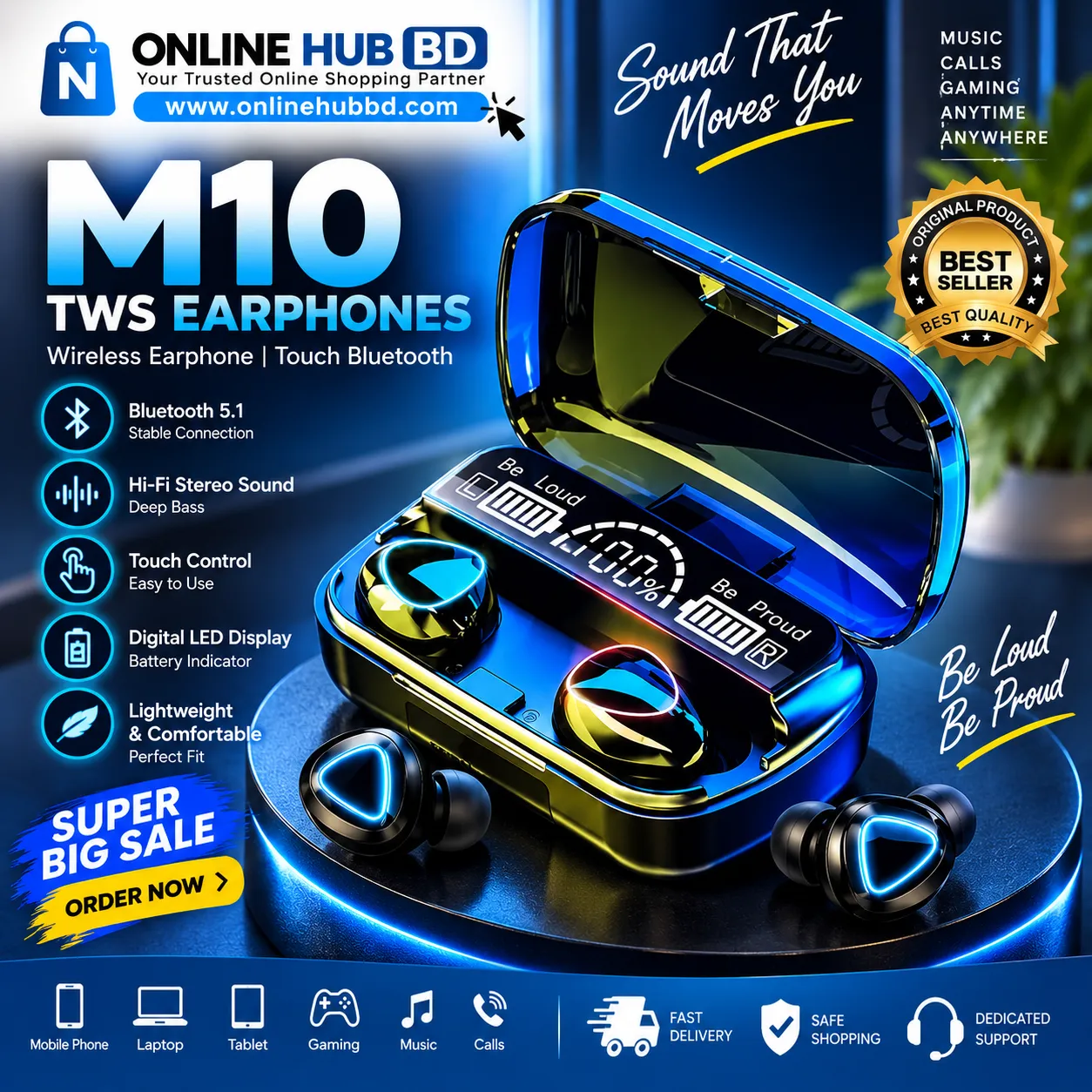M10 TWS Earphones V5.1 – Wireless Bluetooth Earbuds with Digital LED Display