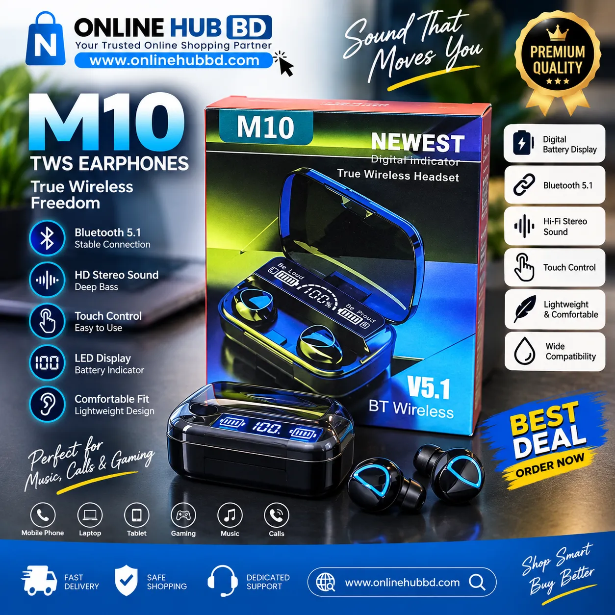 M10 TWS Earphones V5.1 – Wireless Bluetooth Earbuds with Digital LED Display hover