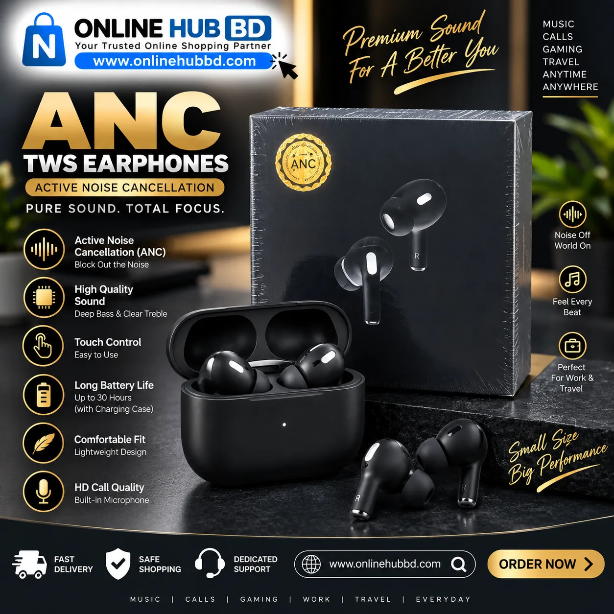 ANC TWS Earphones – Active Noise Cancellation Wireless Bluetooth Earbuds
