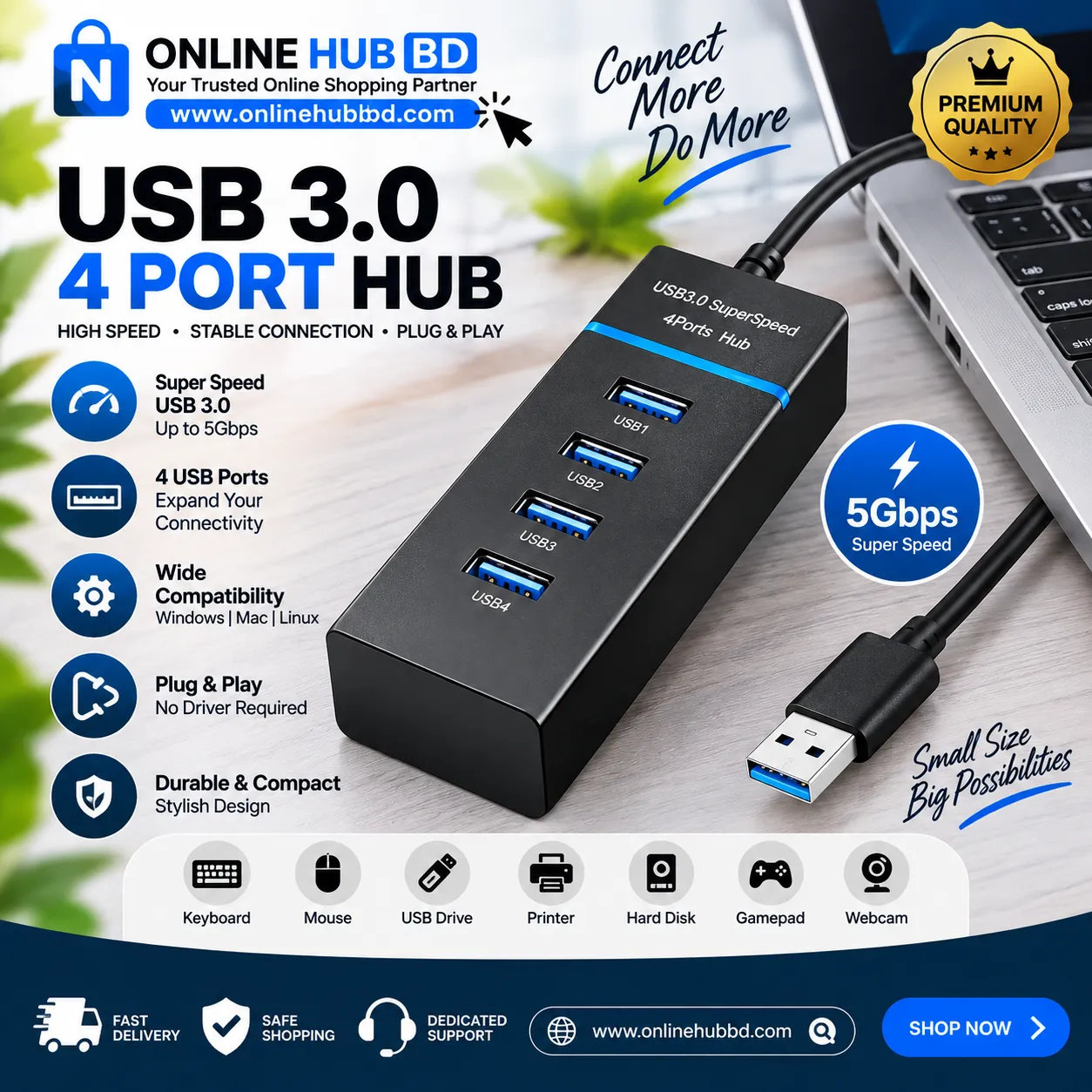 USB 3.0 4-Port Hub – High Speed USB Hub for PC & Laptop