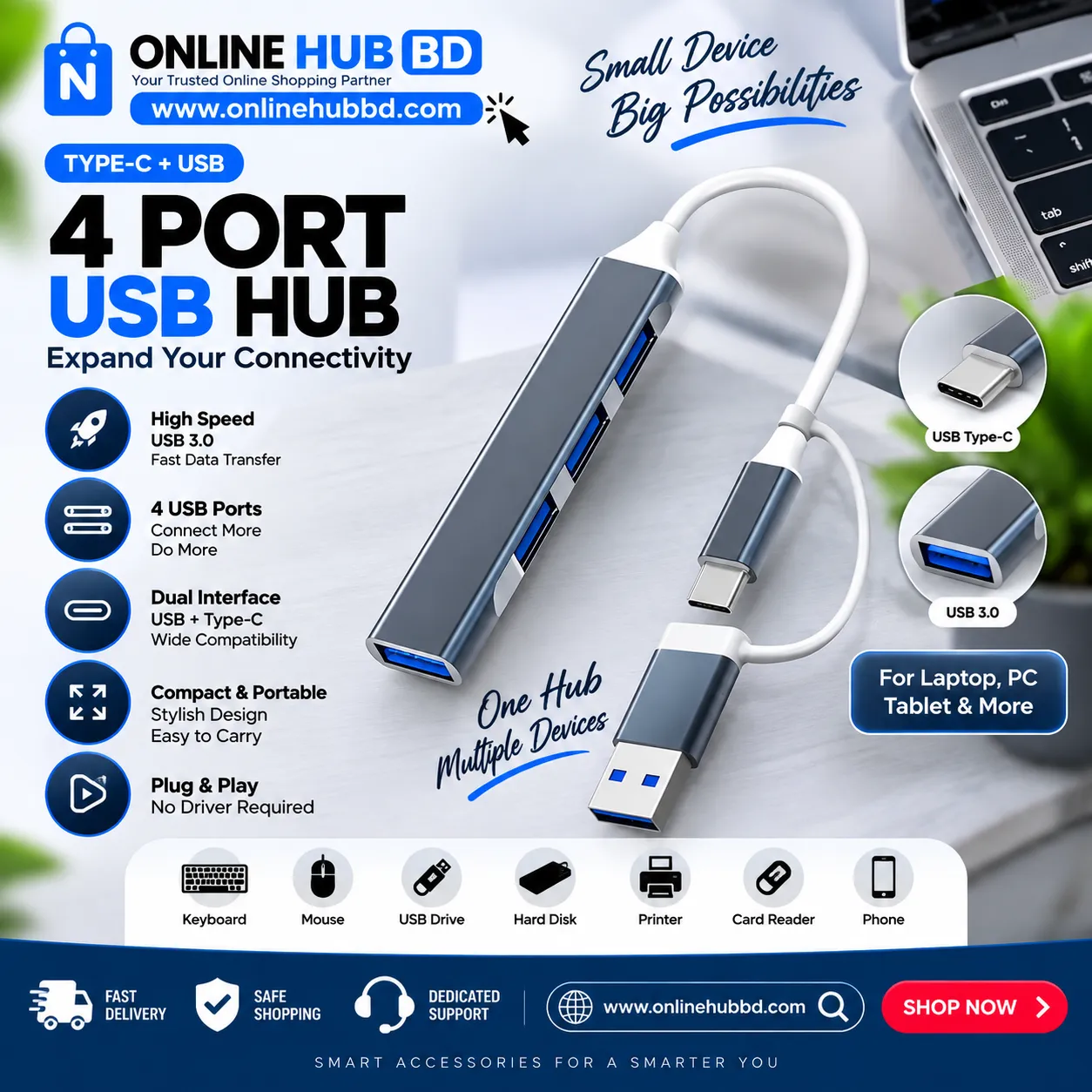 4 Port 2-in-1 USB 3.0 HUB Type-c Splitter Expander USB 2.0 3.0 High Speed Transmission Multi-port OTG for PC Computer