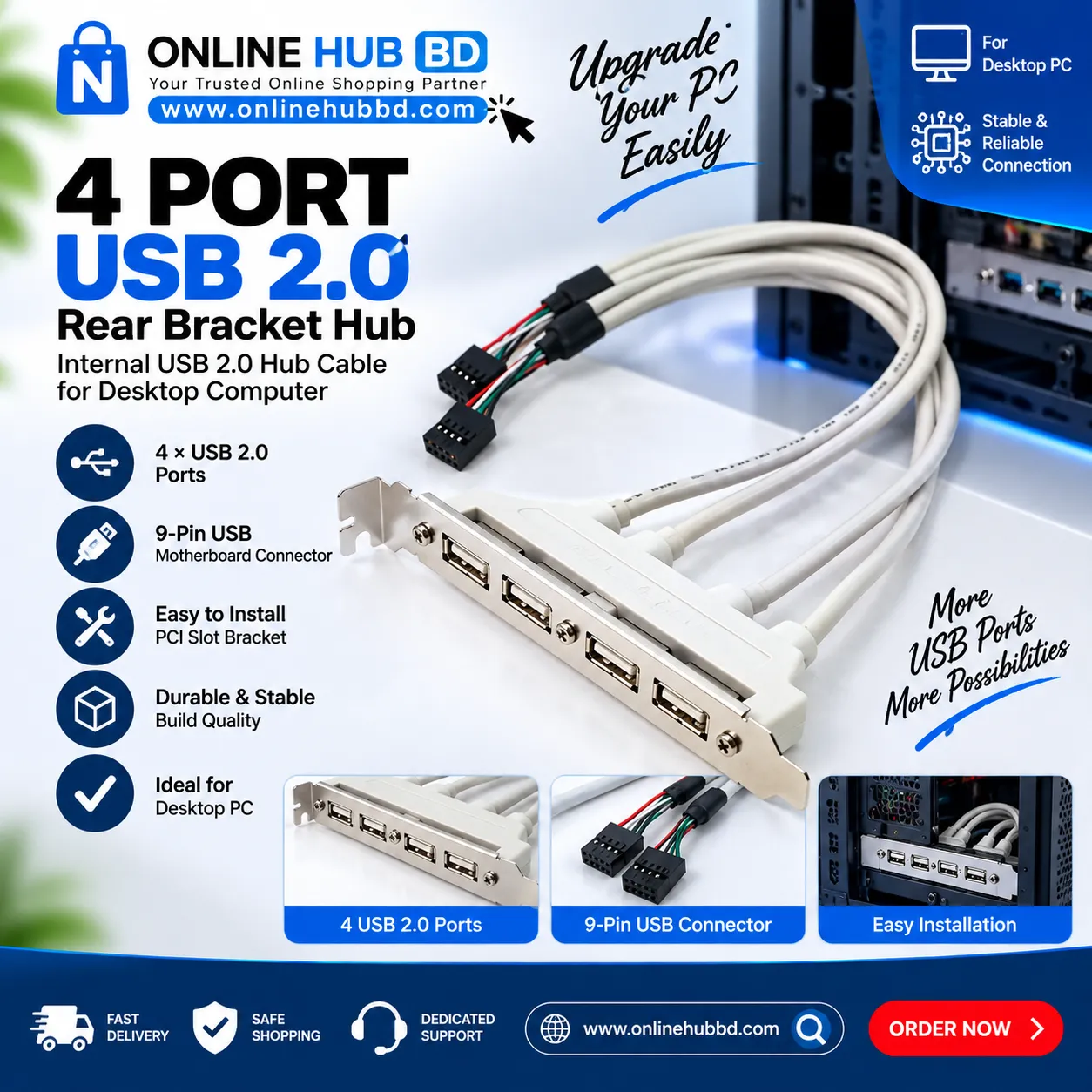 4-Port USB 2.0 Rear PCI Slot Bracket – Internal Motherboard USB Header Cable