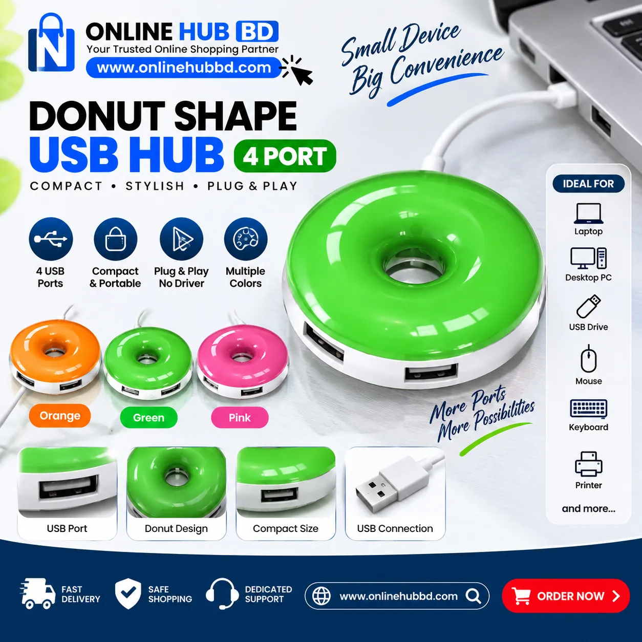Donut Shape USB Hub 4 Port – Compact USB Hub for PC & Laptop