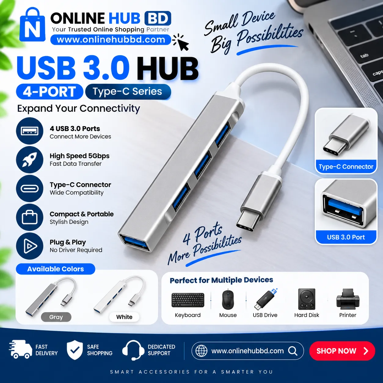 Mini Born 4-Port USB 3.0 Hub – Type-C High Speed 5Gbps USB Hub