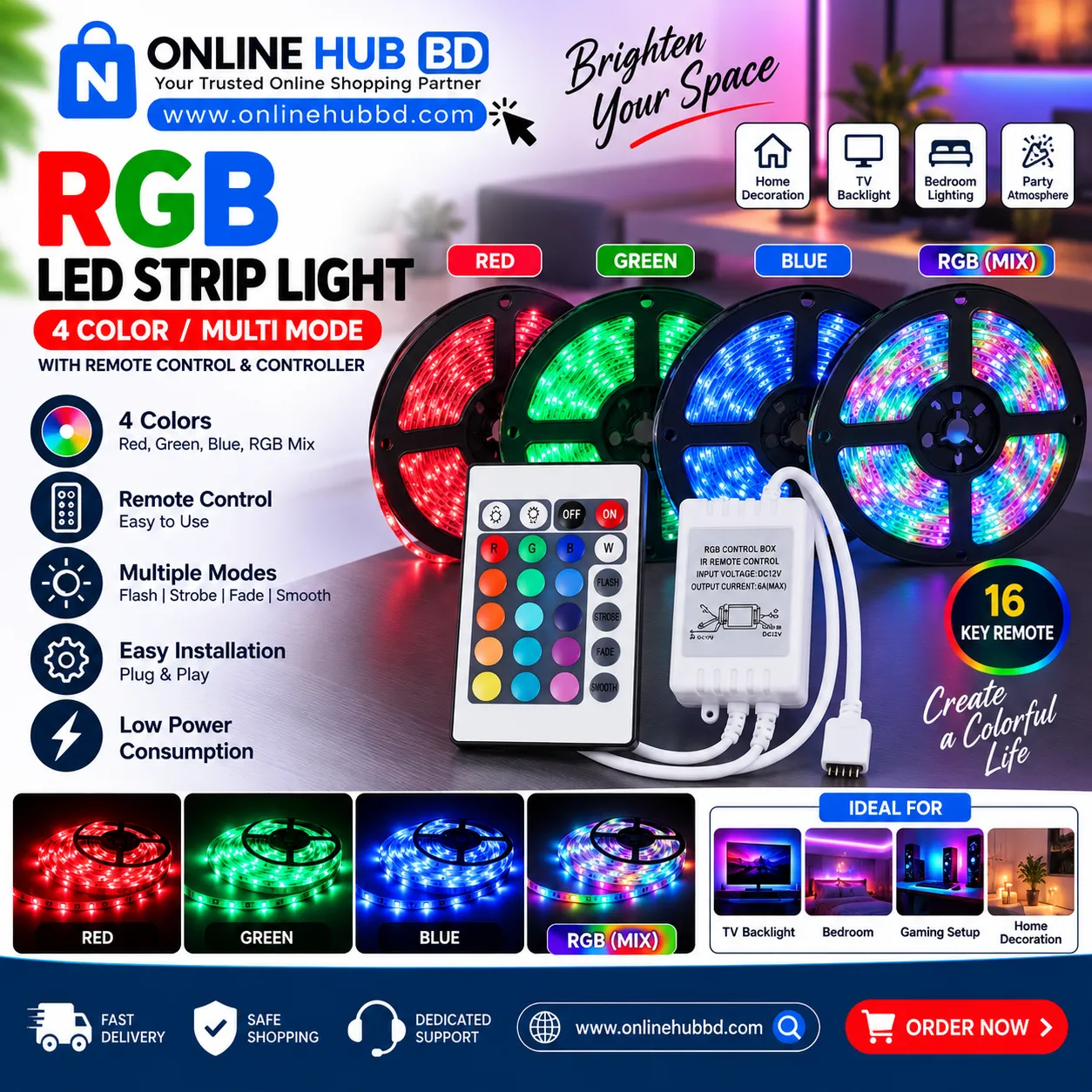 RGB LED Strip Light 4 Color – Red Green Blue RGB with Remote Control & Controller