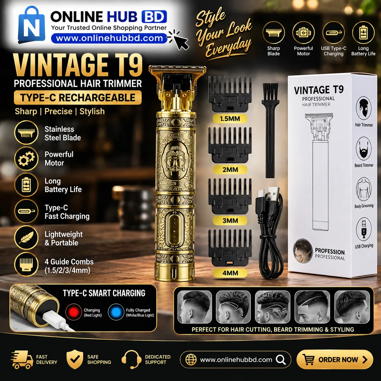 Vintage T9 Professional Hair Trimmer – Type-C Rechargeable Beard & Hair Clipper