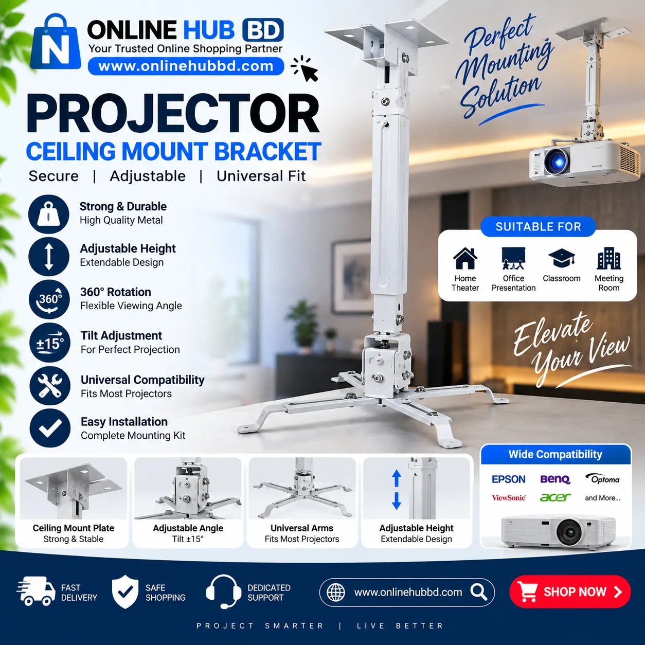 Universal Projector Ceiling Mount Bracket – Adjustable Projector Hanger