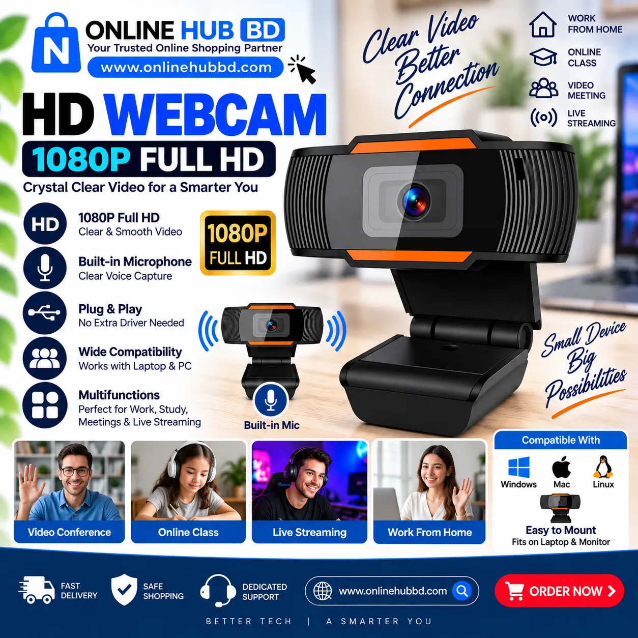 HD Webcam with Built-in Microphone – USB Plug & Play Camera
