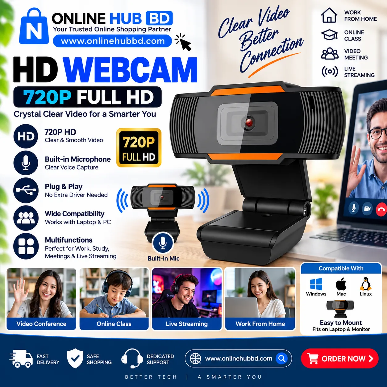 HD Webcam with Built-in Microphone – USB Plug & Play Camera hover
