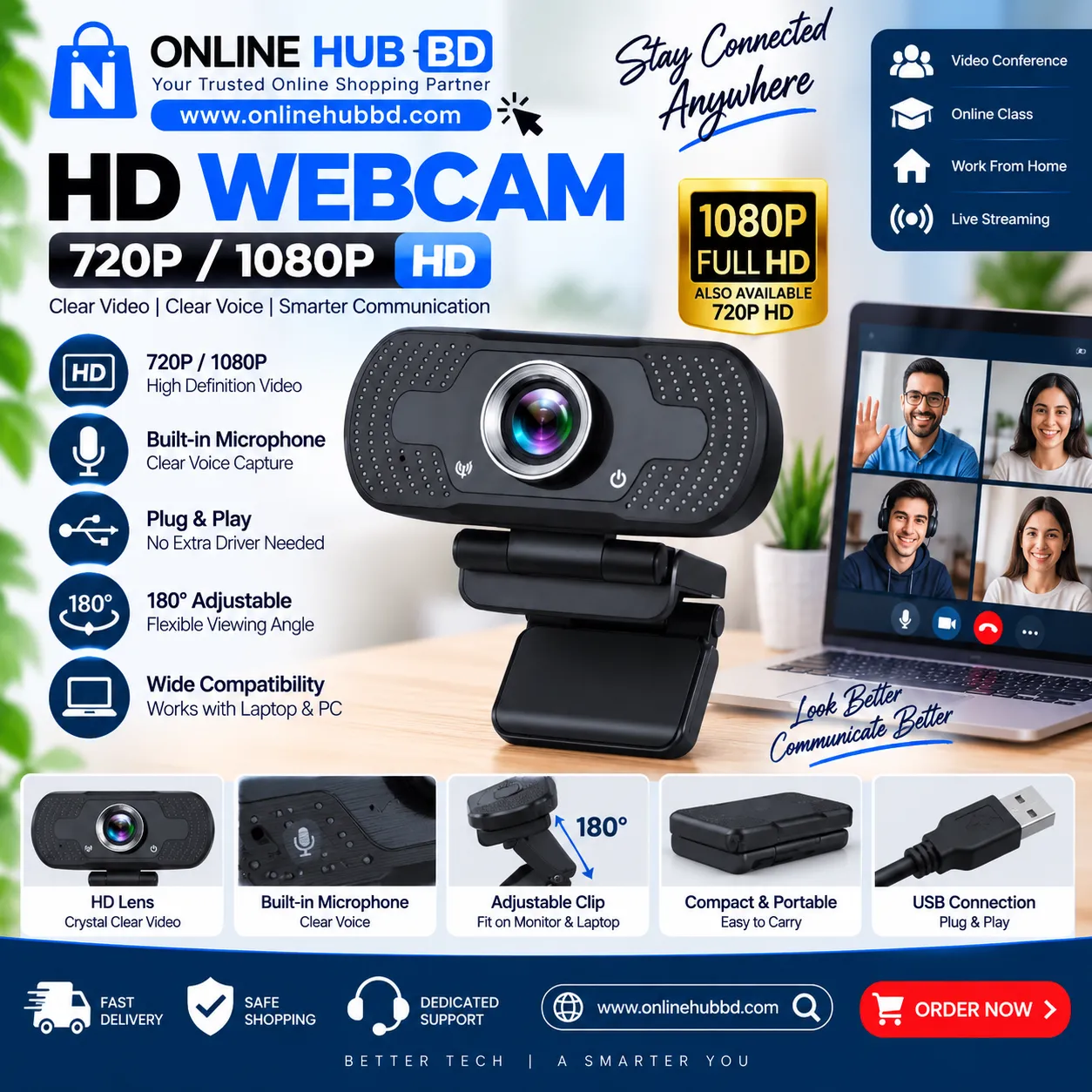 720P/1080P HD Webcam with Built-in Microphone – USB Plug & Play Camera