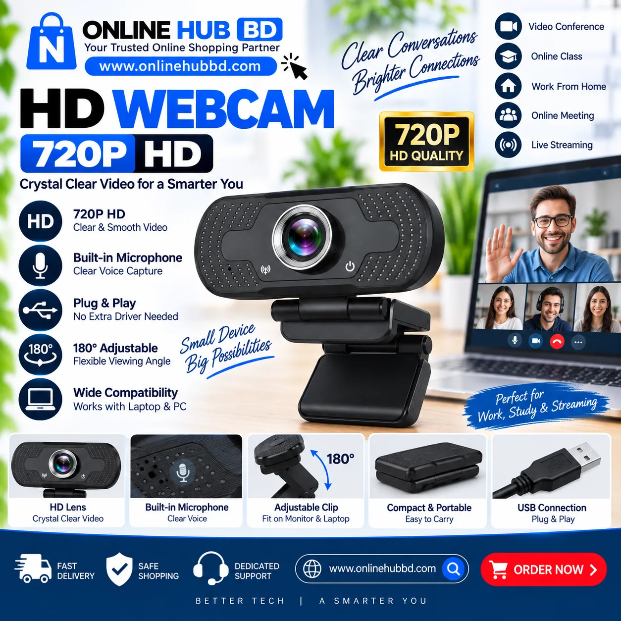 720P/1080P HD Webcam with Built-in Microphone – USB Plug & Play Camera hover