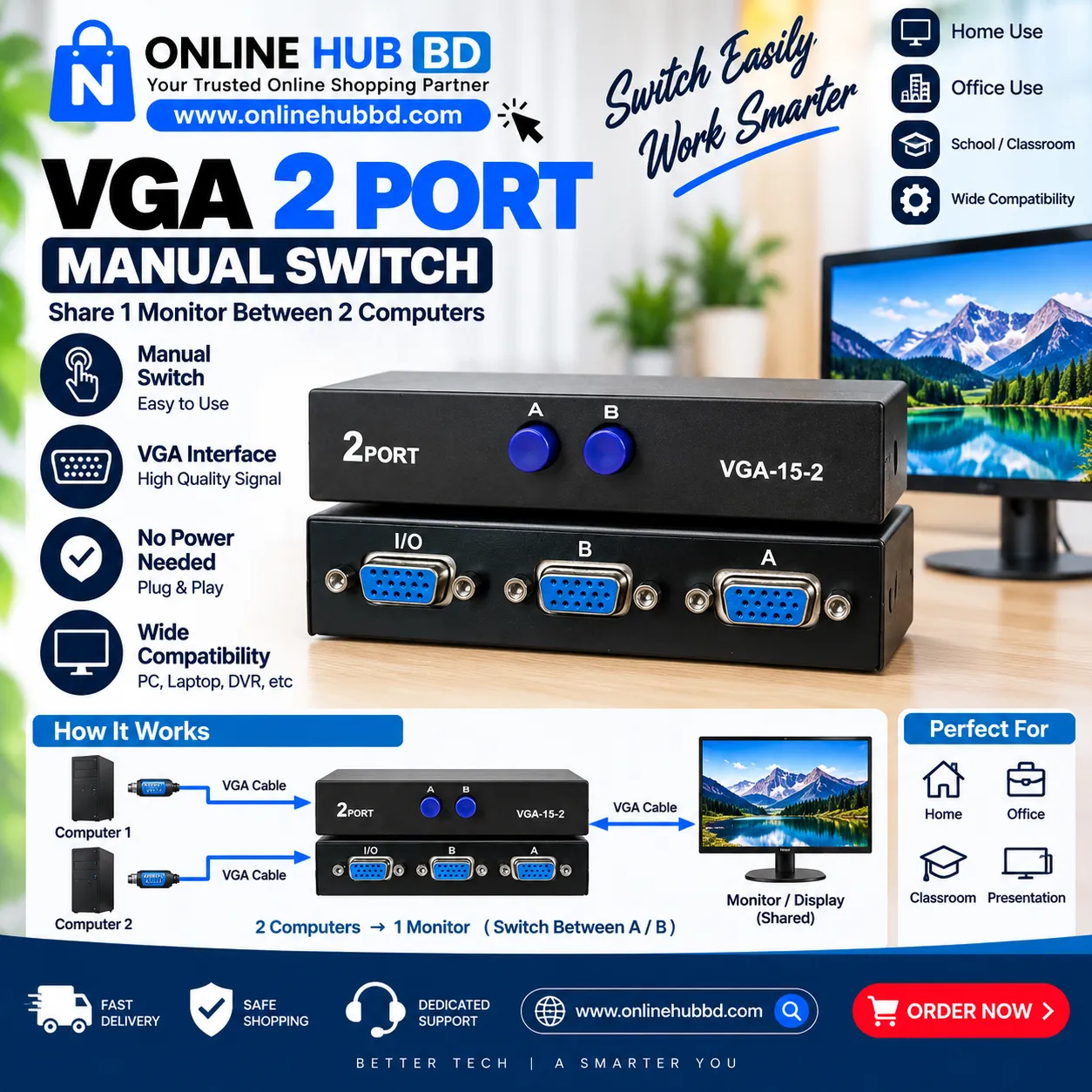 2-Port-4port  VGA Manual Switch – 2 Computer to 1 Monitor VGA Selector -