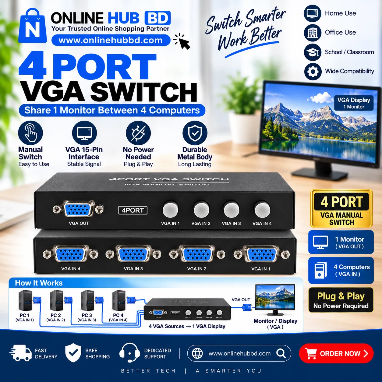 2-Port-4port  VGA Manual Switch – 2 Computer to 1 Monitor VGA Selector - hover